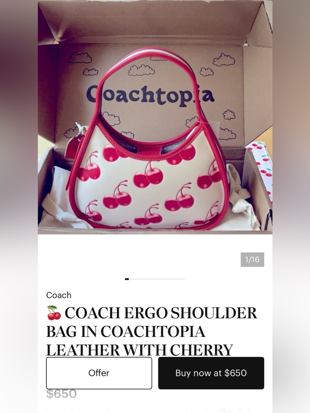 NWT COACH CHERRY PRINT COACHTOPIA SHOULDER BAG (Sold Out In Stores and Online) - Picture 11 of 11